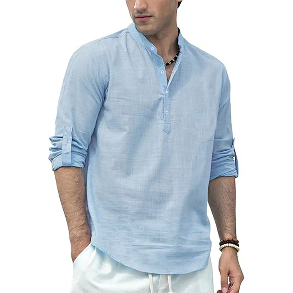 Summer Spring Men's Long Sleeve Polo Shirt Cotton Linen T-shirt Henley