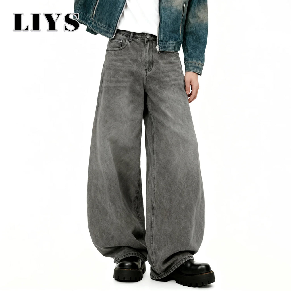 American Men's Retro Baggy Wide Leg Gray Black Jeans Spring Summer