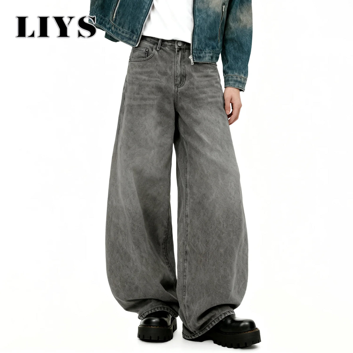 American Men's Retro Baggy Wide Leg Gray Black Jeans Spring Summer