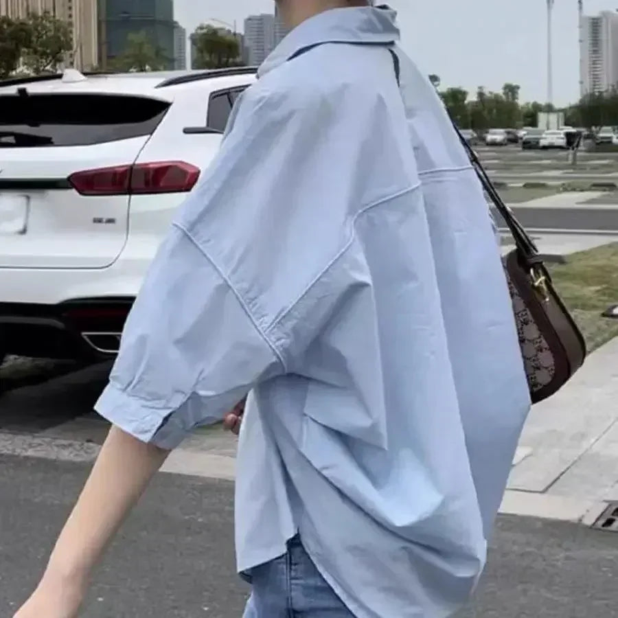 Women Blouses Elegant Streetwear Office Casual Loose Button Up White
