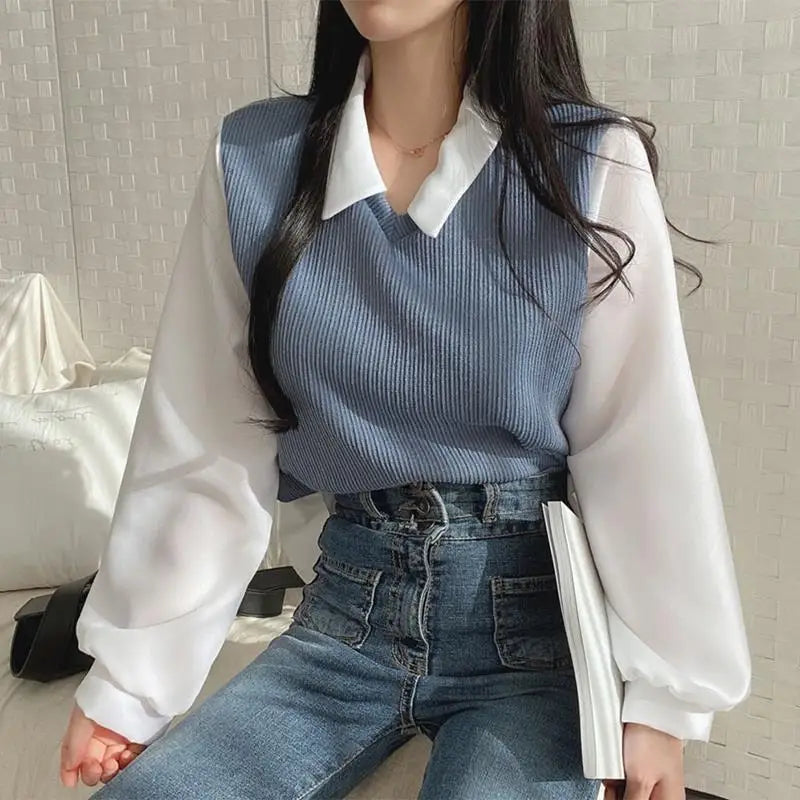 False Two-piece Polo Collar Women's Blouse Spring Casual Korean Shirt