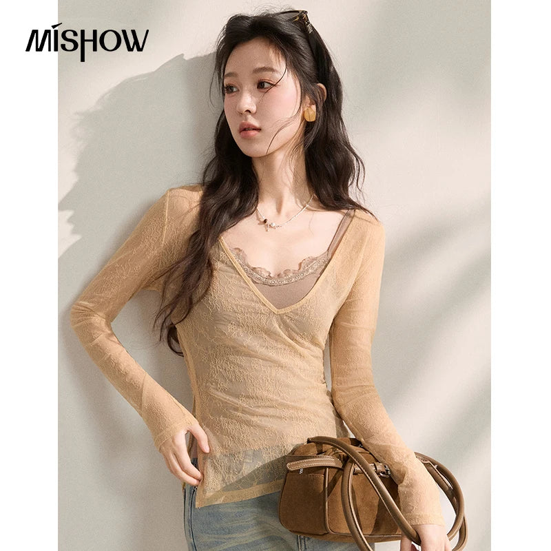 MISHOW Elegant Lace Straps V-Neck Long-sleeve Top Two Piece for Women