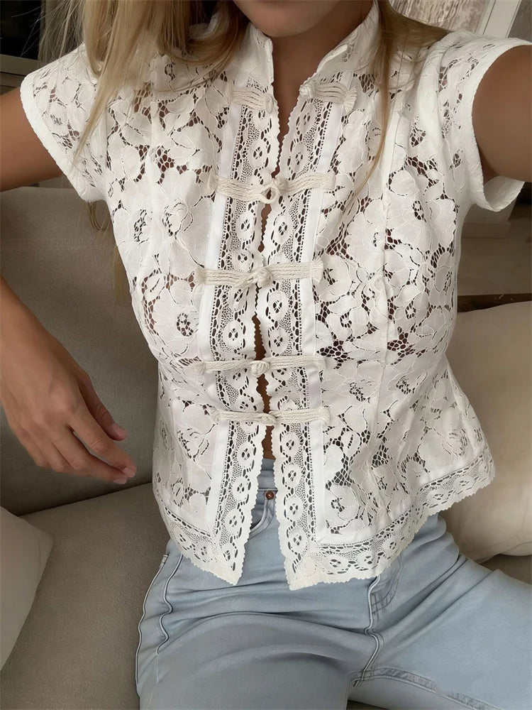 Tossy Fashion Hollow Out Lace Shirts Cardigan Women's Short Sleeve