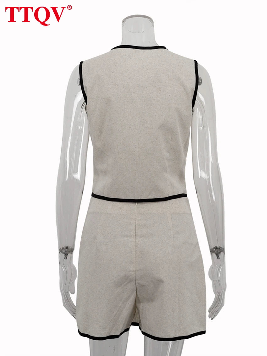 TTQV Summer Slim Khaki Cotton 2 Piece Set Woman Outfit 2025 Fashion