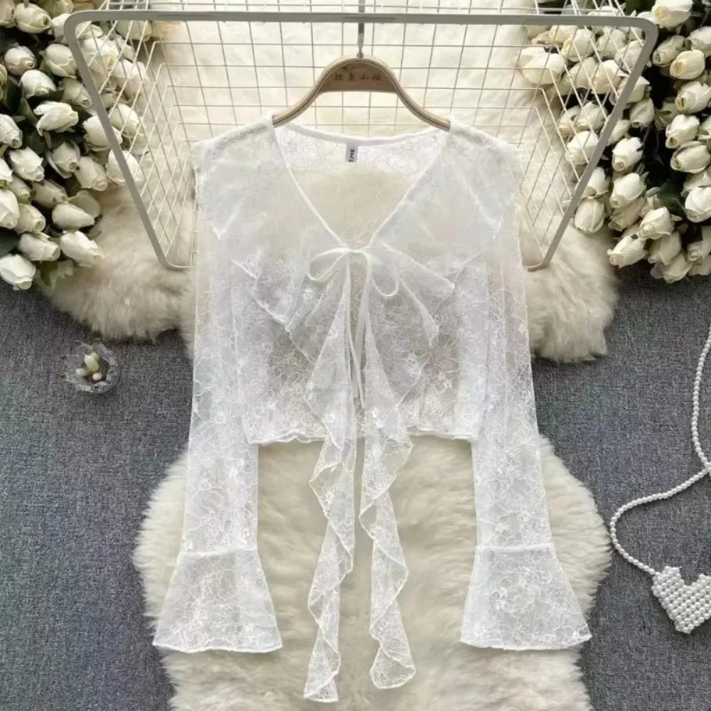 Women's Lace Cover UP Cardigan Cropped Tie Front Bell Sleeves Blouse