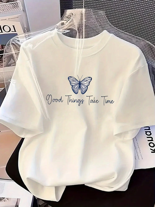 Butterfly Print Summer Women's Casual Crew Neck Short Sleeve T-Shirt