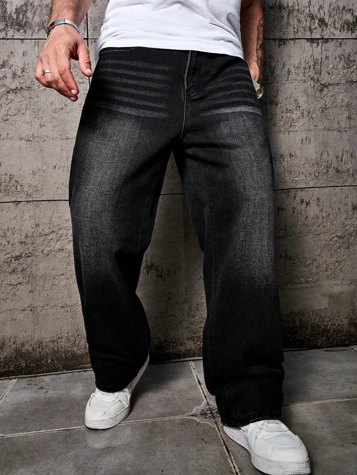 1pc Vintage Style Men's Black Washed Distressed Loose Wide Leg Relaxed