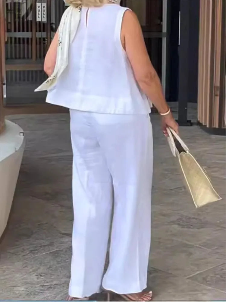 Simple Cotton Linen Women's Suits Summer Fashion Sleeveless Loose