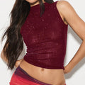 Women Y2K Mesh Hot-fix Rhinestone Tank Tops Turtle Neck Sleeveless