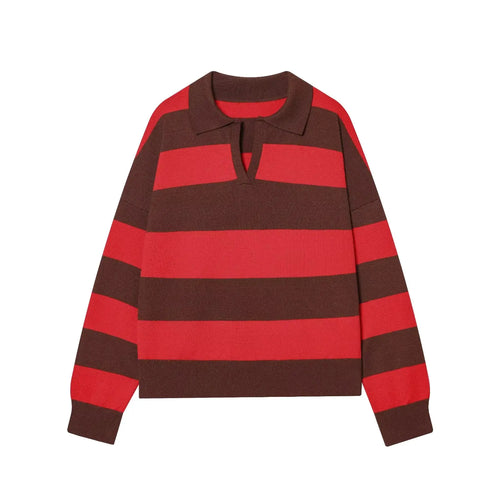 Spring 2026 Women's Polo Neck Knitted Sweater Fashion Stripes Loose