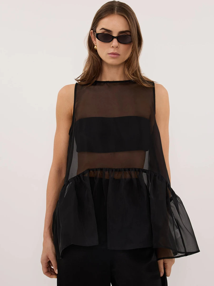 LIMO Sheer Mesh Sleeveless Top Women Ruffle Hem Flowy See-Through