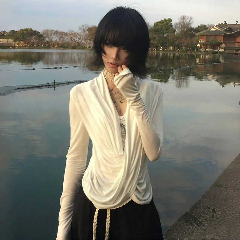 Karrram Japanese Y2k Cross Tops Trashy 2000s Style V-neck Long Sleeve