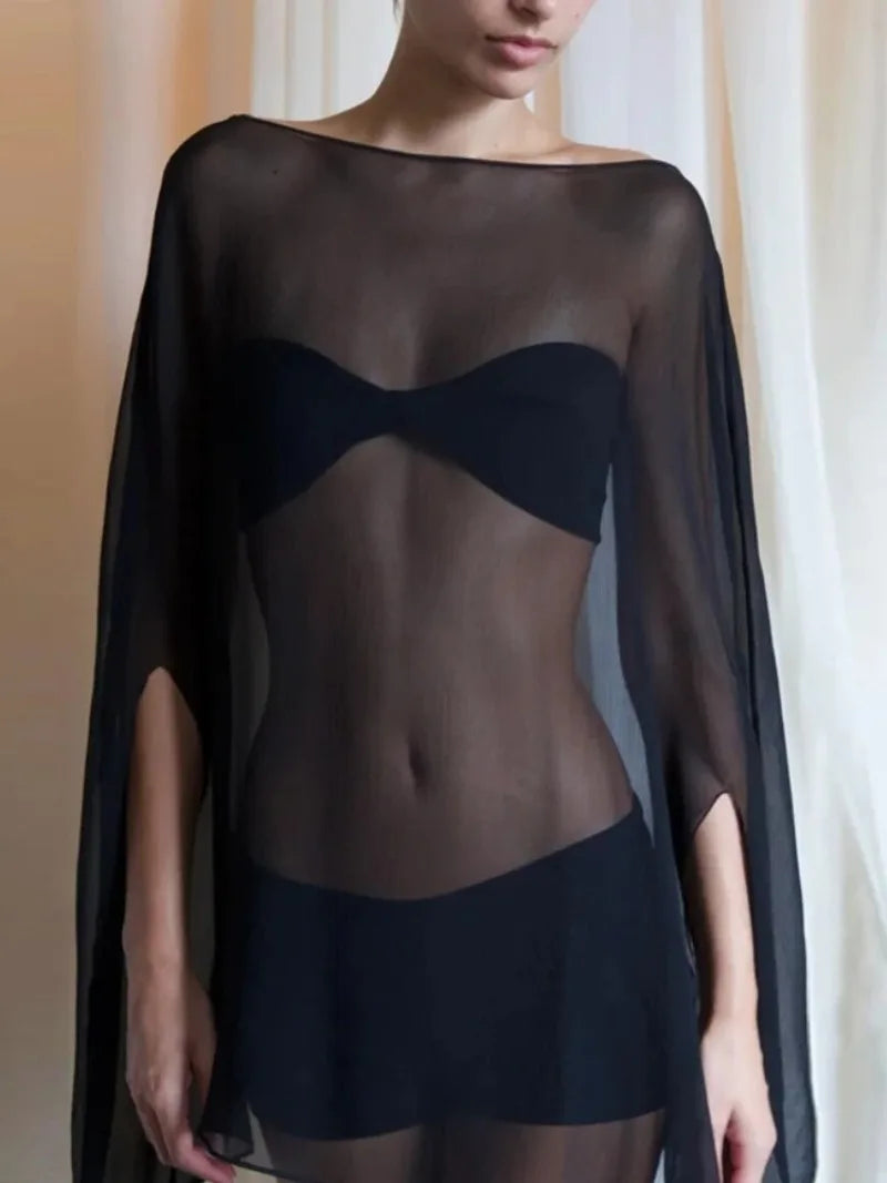 Woman Clothes See-through Chiffon Blouses Sexy Fashion Solid Cover-ups