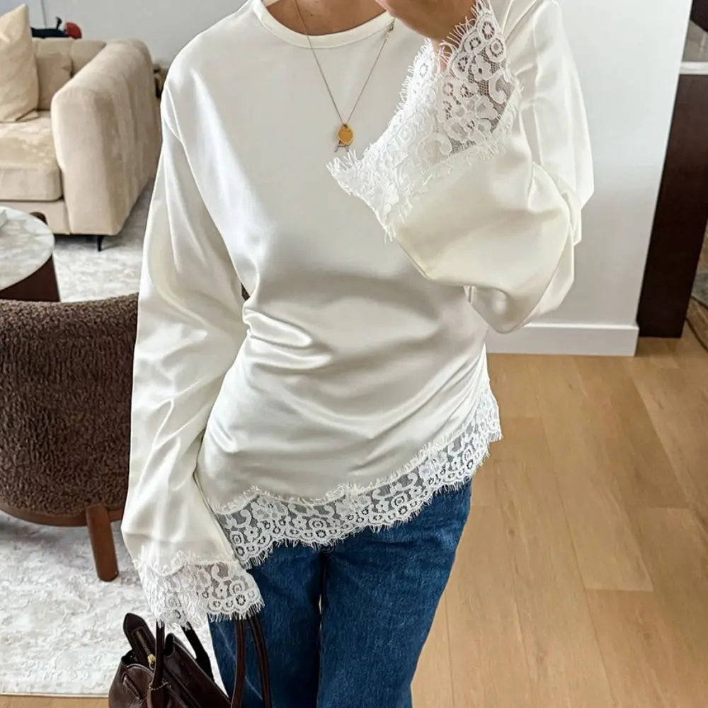 Belted Waist Lace Patchwork Top Flare Sleeve Solid Color Lace-up Top