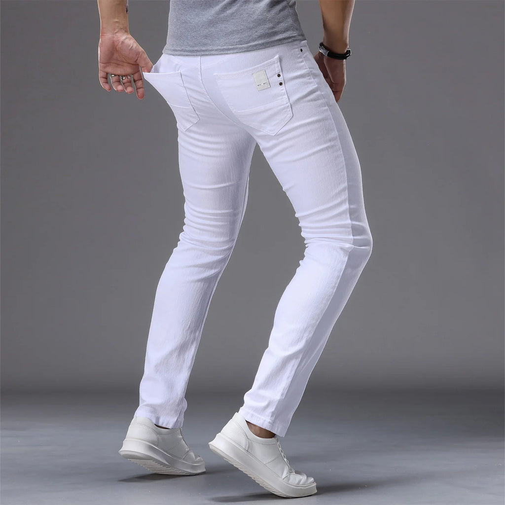 2026 Summer Brand Men's Slim Straight White Jeans Classic Badge Cotton