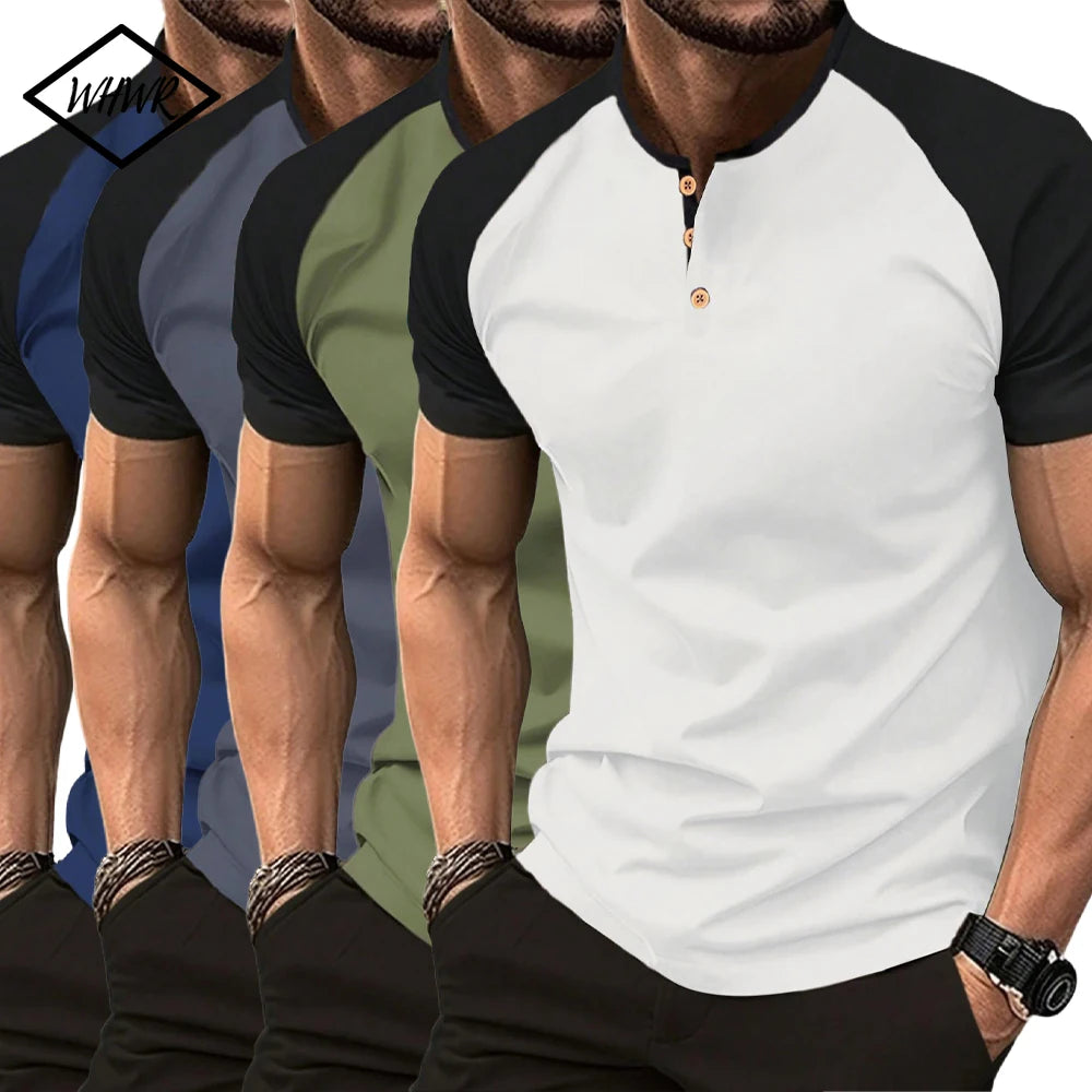 Men's Contrasting Color Henry Shirt T-shirt Summer Casual Raglan