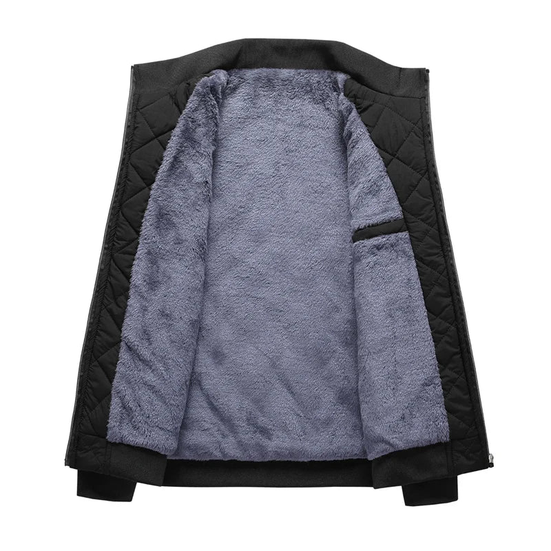 Autumn Winter Bomber Jacket Men Diamond Pattern Fleece Lined Casual