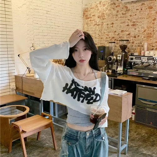 Y2k Summer Two Piece Oversize Cropped T Shirt Tank Top Set Women Short