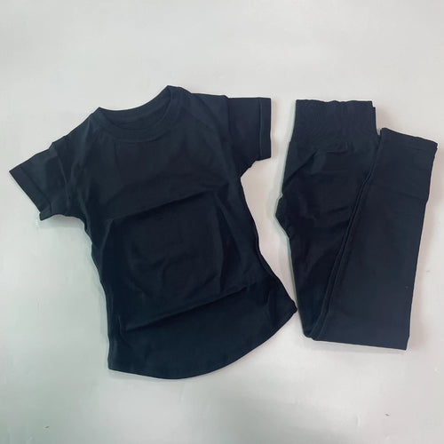 2 Piece Leggings Set Women Longline Short Sleeve Gym Crop Top High