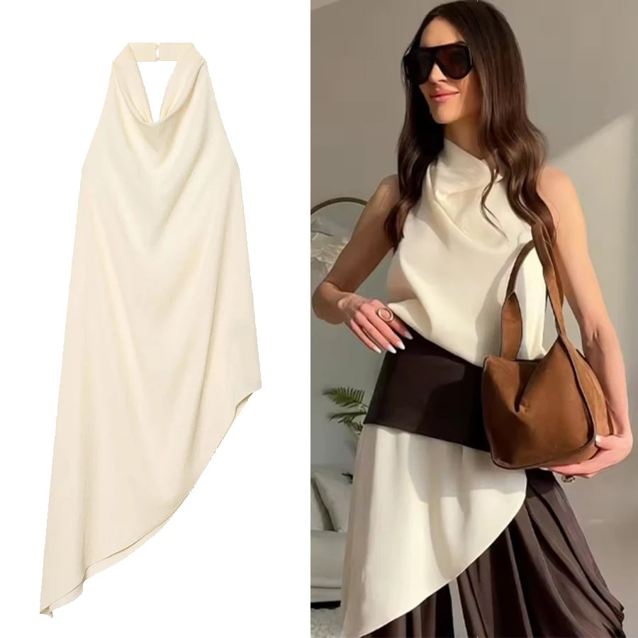 Women Satin Hanging Neck Collar Asymmetric Top Elegant Female Backless