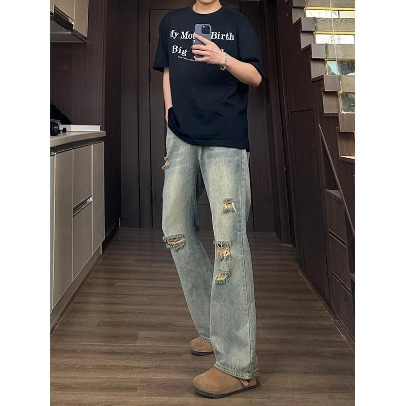 Man Pants Mens Jeans Baggy Jeans Distressed Loose Straight Leg Summer