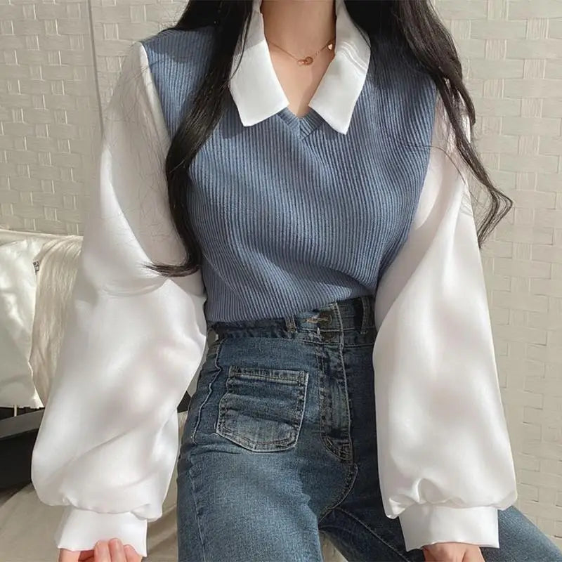 False Two-piece Polo Collar Women's Blouse Spring Casual Korean Shirt