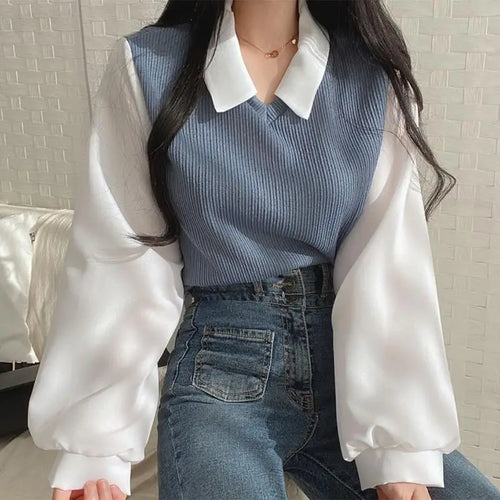 False Two-piece Polo Collar Women's Blouse Spring Casual Korean Shirt