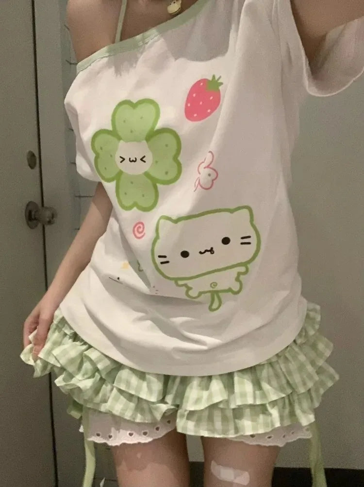 Ezgaga Harajuku T Shirts Women Cartoon Sweet Diagonal Collar Short