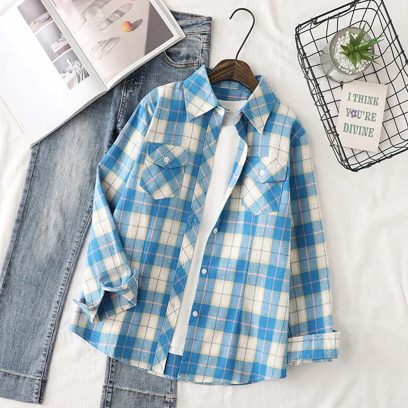 Cotton Flannel Plaid Shirts Women 2024 Autumn New Female Casual Slim
