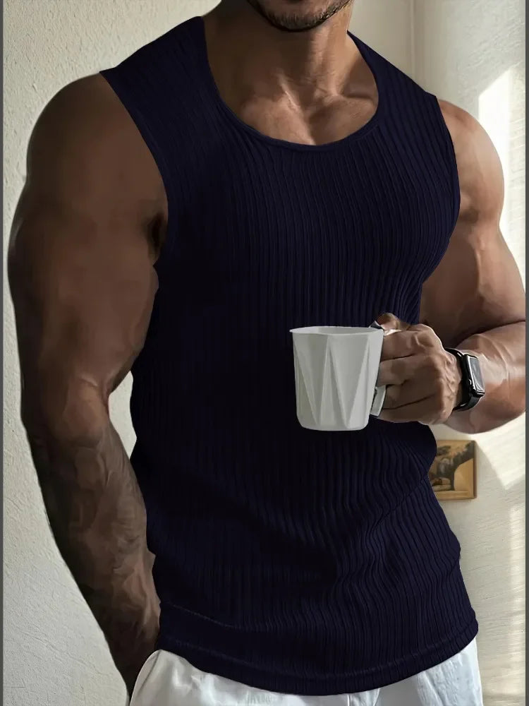 Men's Gym Stripe Tank Top Breathable Sleeveless Shirt Sports