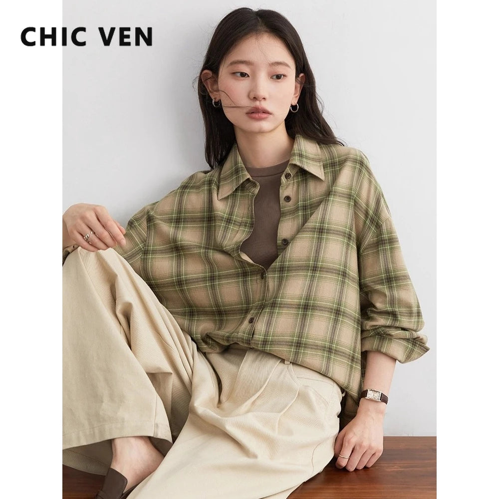 CHIC VEN Women Shirts Loose Casual New Sanding Plaid Shirt Long Sleeve