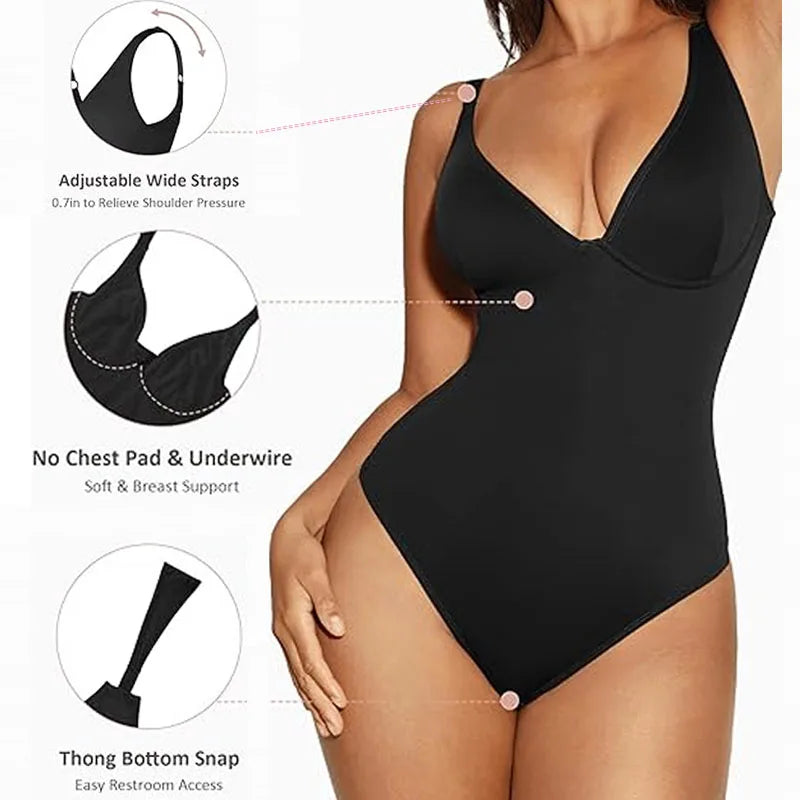 GUUDIA Sexy V Neck Bodysuit Thong Tummy Control Bodysuit Seamless