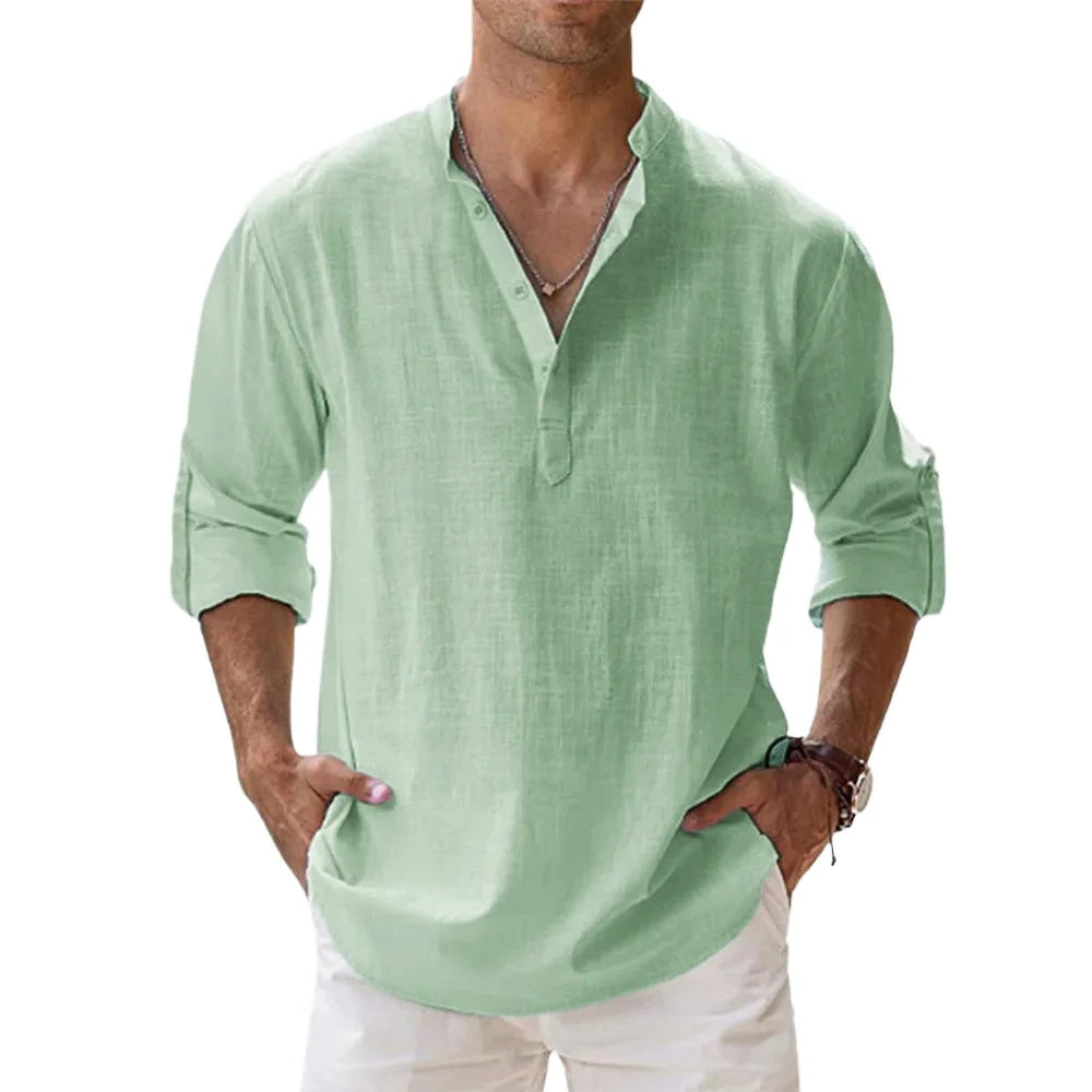 Cotton Linen Hot Sale Men's Short-Sleeved Shirts Summer Solid Color