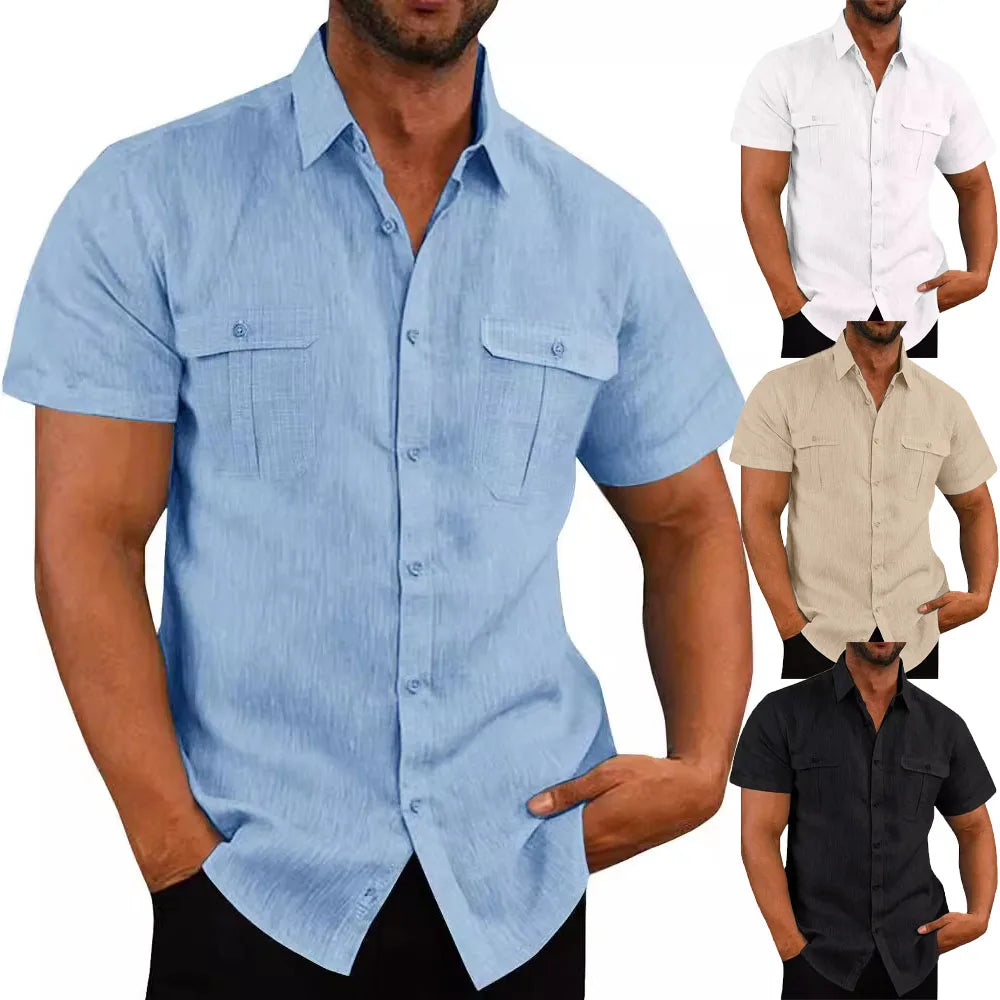 Men's Shirt Double Pocket Cotton Linen Short Sleeve Shirts for Men