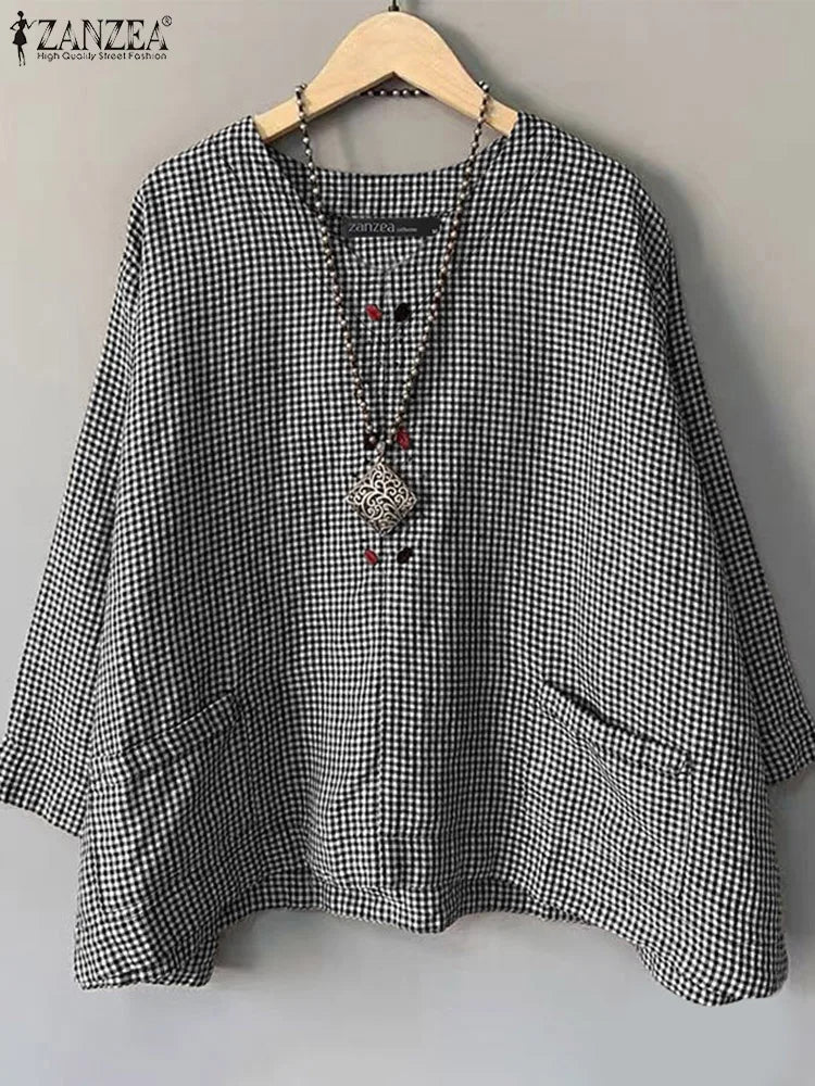 Casual Loose Women Blouse ZANZEA Summer Round Neck Shirt Checked