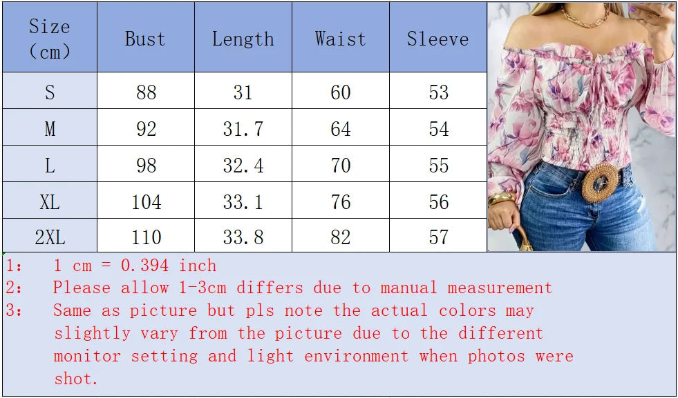 Women Clothes Floral Print Off Shoulder Puff Long Sleeve Smocked