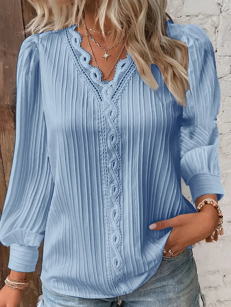 Elegant Summer Hollow Lace Patchwork Women Shirt Chic Blouse V Neck