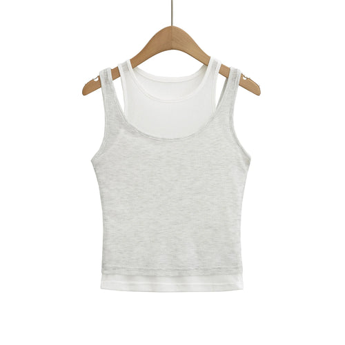 Stacked Double-layer Round Neck Women Sleeveless Cropped Tank Crop