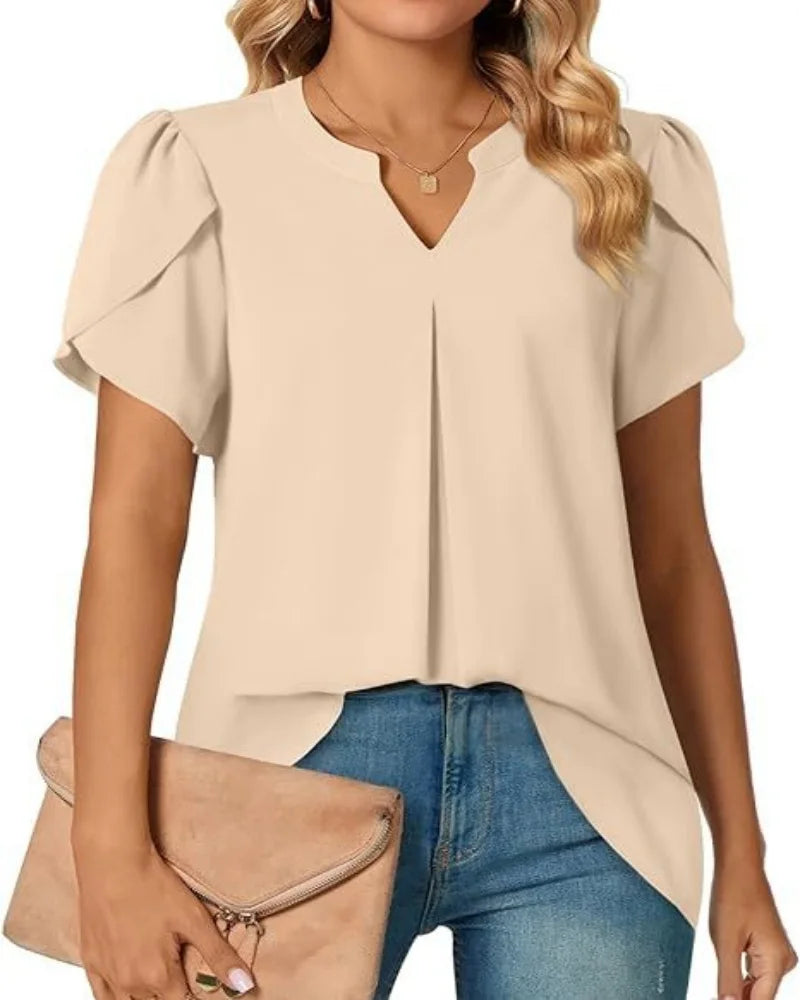 Women's Short Sleeve V Neck Chiffon Blouse with Puff Sleeves and High