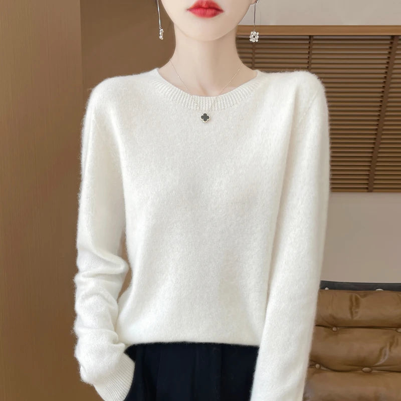 Women 100% Merino Wool Sweater New Fashion O-Neck Pullover Tops Basic