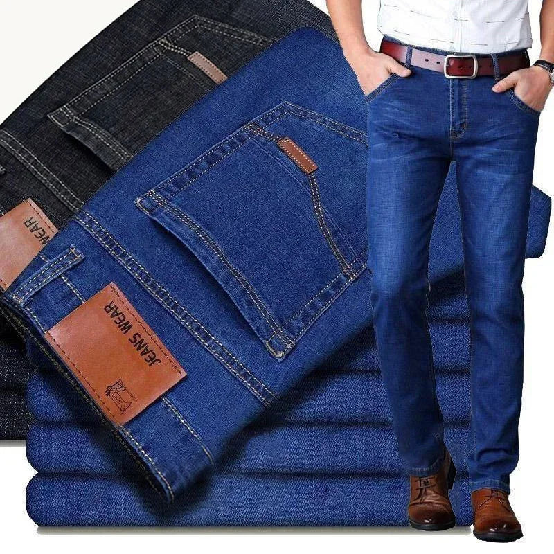 New men's straight leg jeans classic black blue micro elastic casual