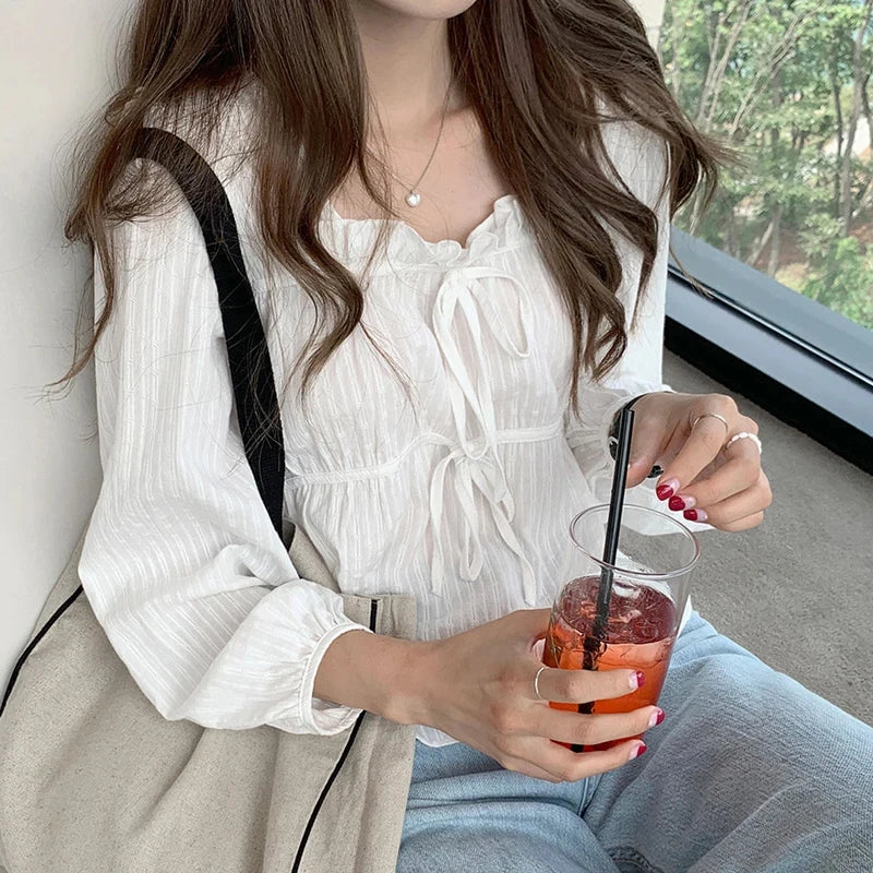 New Long Sleeve Spring Linen Cotton Blouse Lace Up Women White Shirt