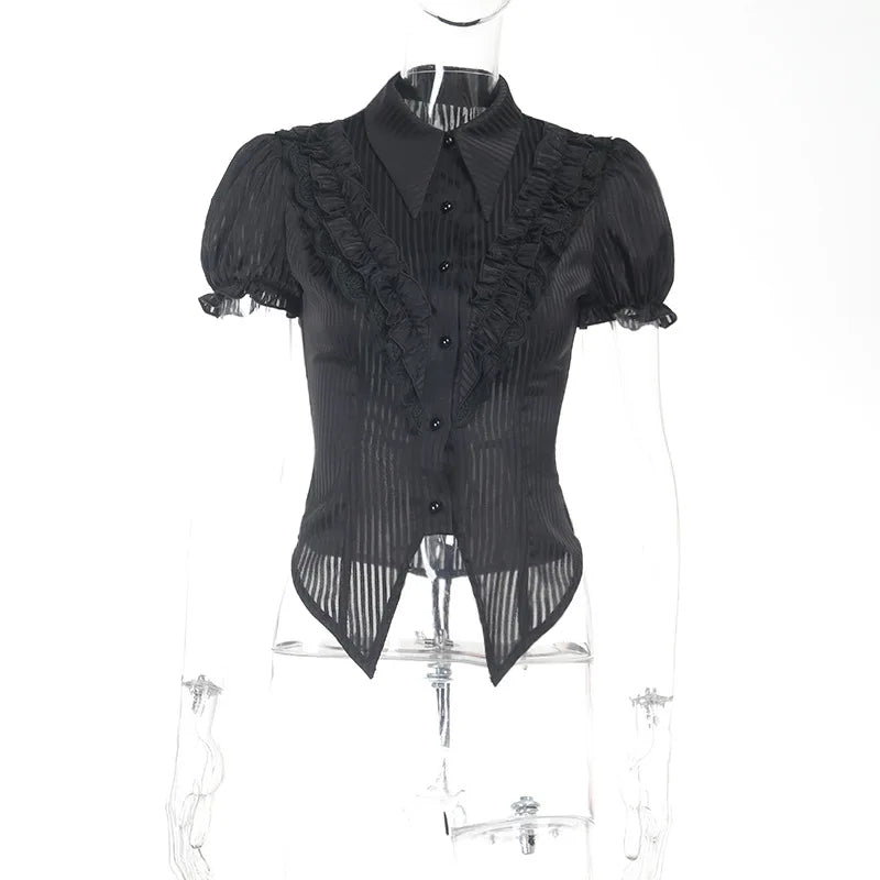 Goth Dark Kawaii Black Short Sleeve Buttons Shirt Lace-up Blouses Mall