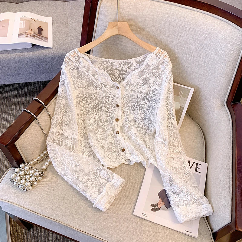 Sheer Crochet Top Long Sleeve Button Front V-Neck Open-knit Embroidery