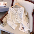 Sheer Crochet Top Long Sleeve Button Front V-Neck Open-knit Embroidery