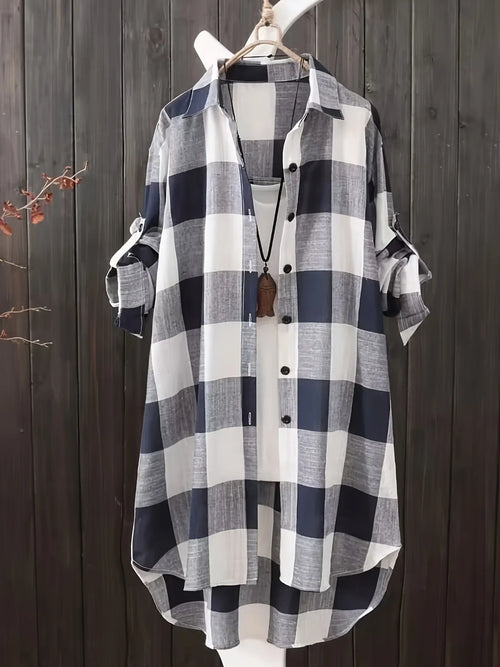 Plus Size Women's Blouses 2025 New Loose Vintage Stripe Plaid Shirt