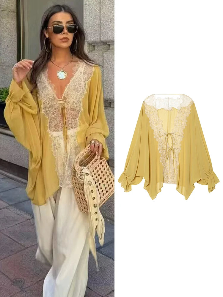 TFMLN Women Lace Patchwork Lantern Long Sleeve Shirt Top Tie-up Loose