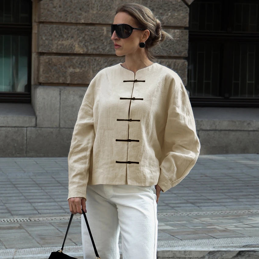 Linad Chinese Style Beige O Neck Shirts Female 2026 Vintage Single