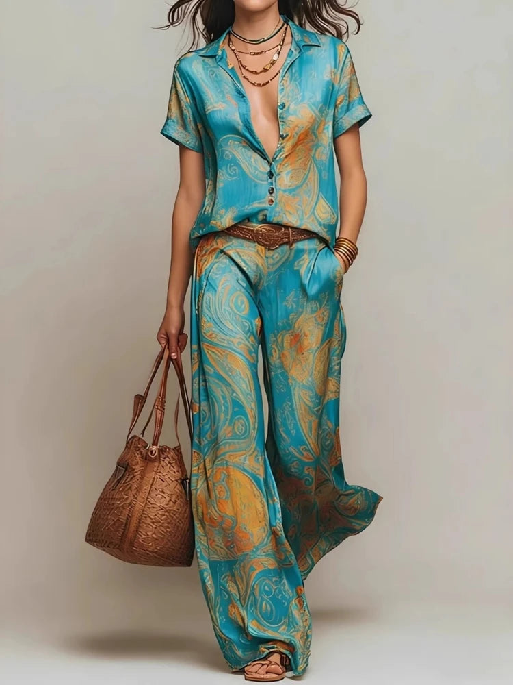 Women's Boho Paisley Print Two-Piece Set V-Neck Short Sleeve Blouse