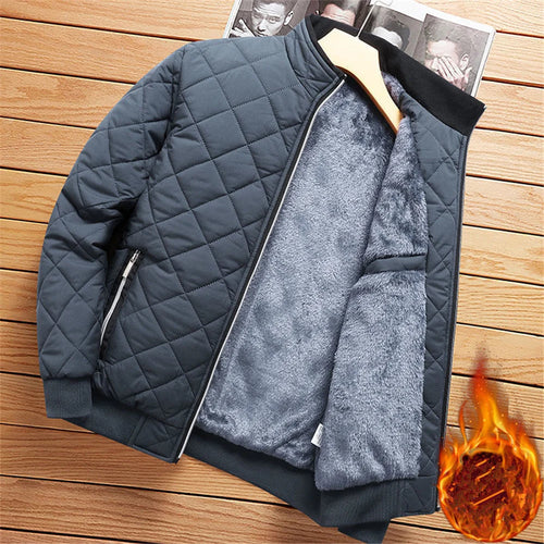 Autumn Winter Bomber Jacket Men Diamond Pattern Fleece Lined Casual